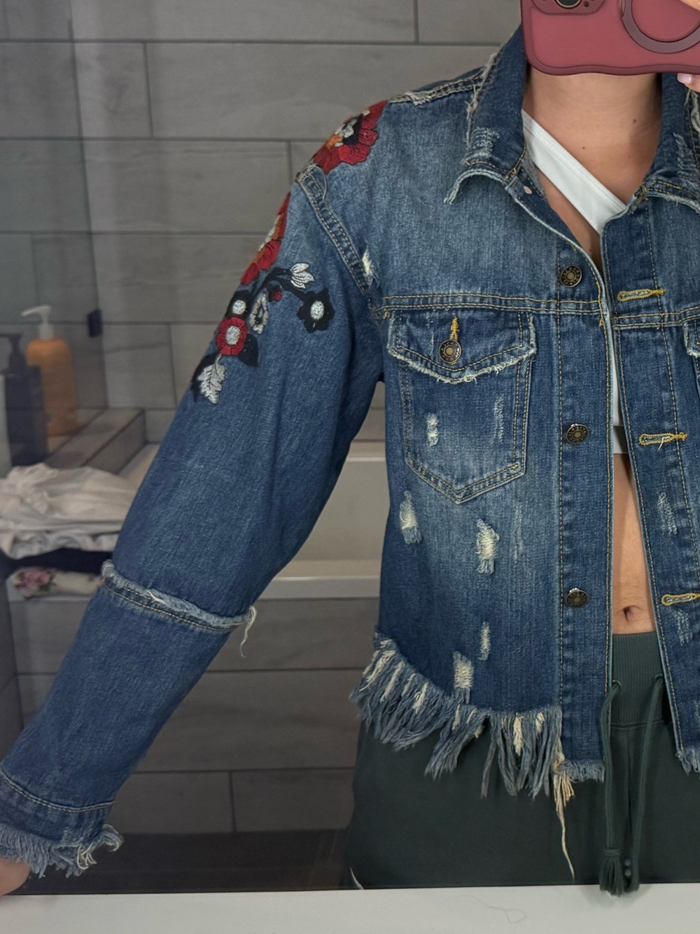 Embroidered Distressed Denim Jacket in Blue with Red Floral Accents - Picture 4 of 8